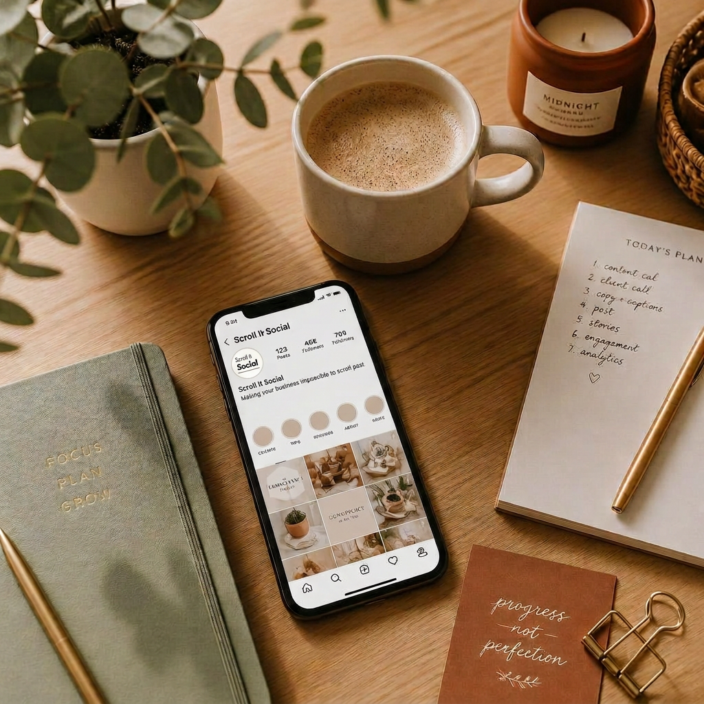 Social media manager's workspace with coffee, notebook, and smartphone